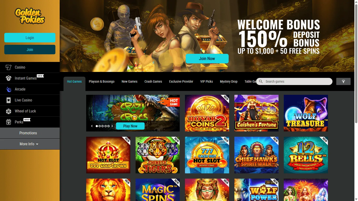 Golden Pokies Casino home view on desktop