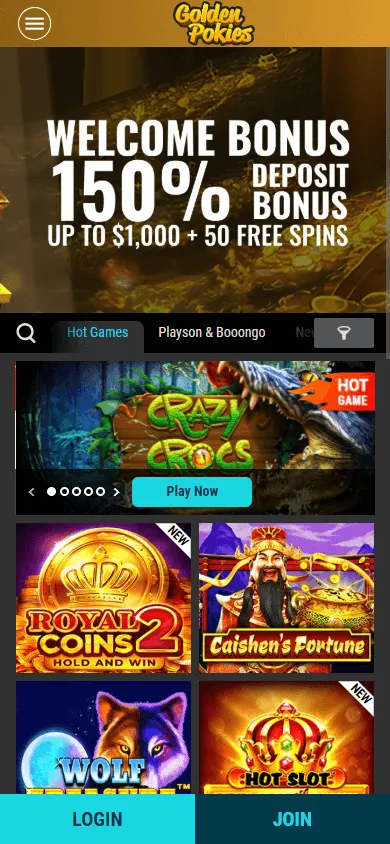 Golden Pokies Casino home view on mobile browser