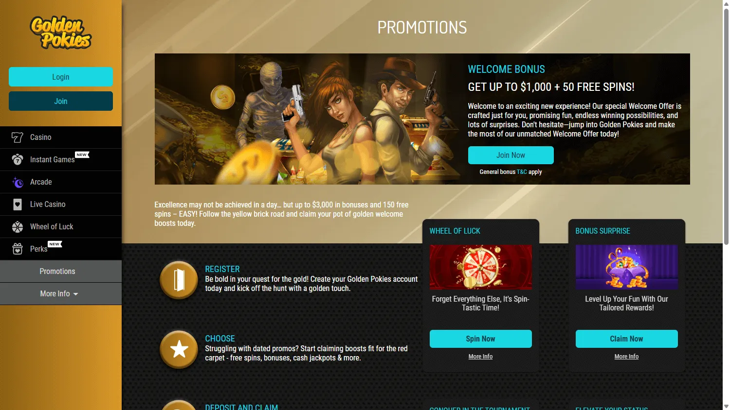 Golden Pokies Casino promotions view on desktop